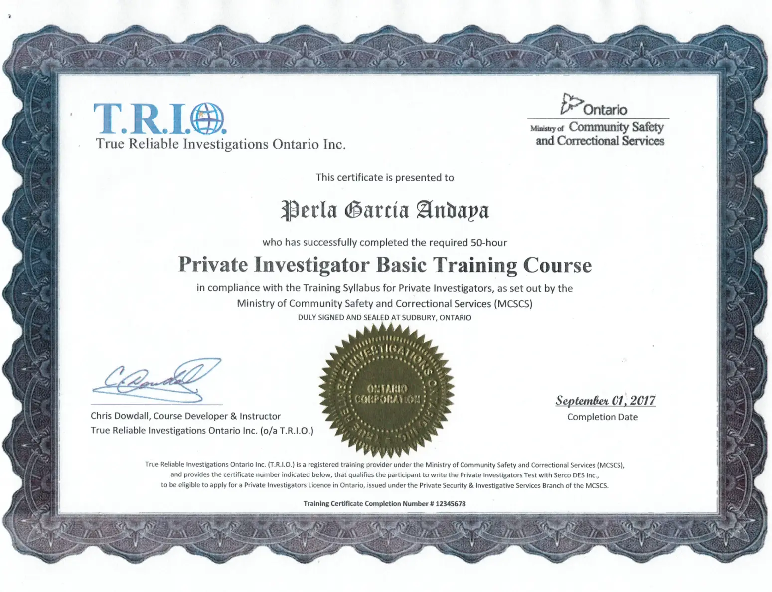 Private Investigator training certificate requirements in Ontario