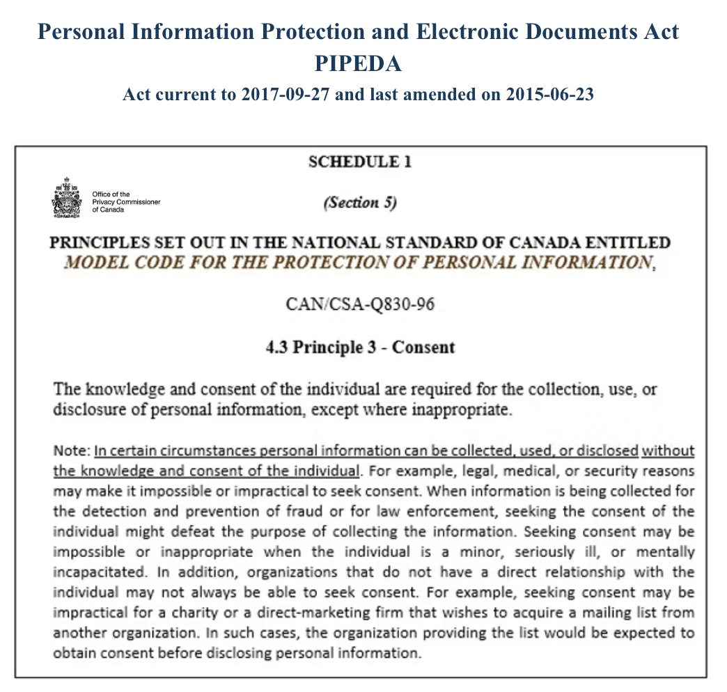 Personal Information Protection and Electronic Documents Act (PIPEDA) - Schedule 1, Section 5, Principle 3: Consent